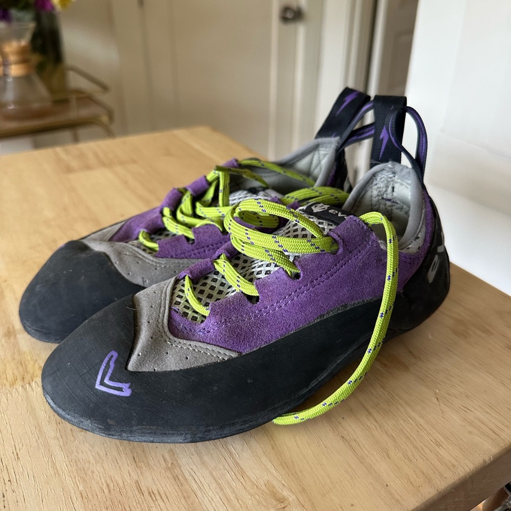Purple and Black Evolv Climbing Shoes
